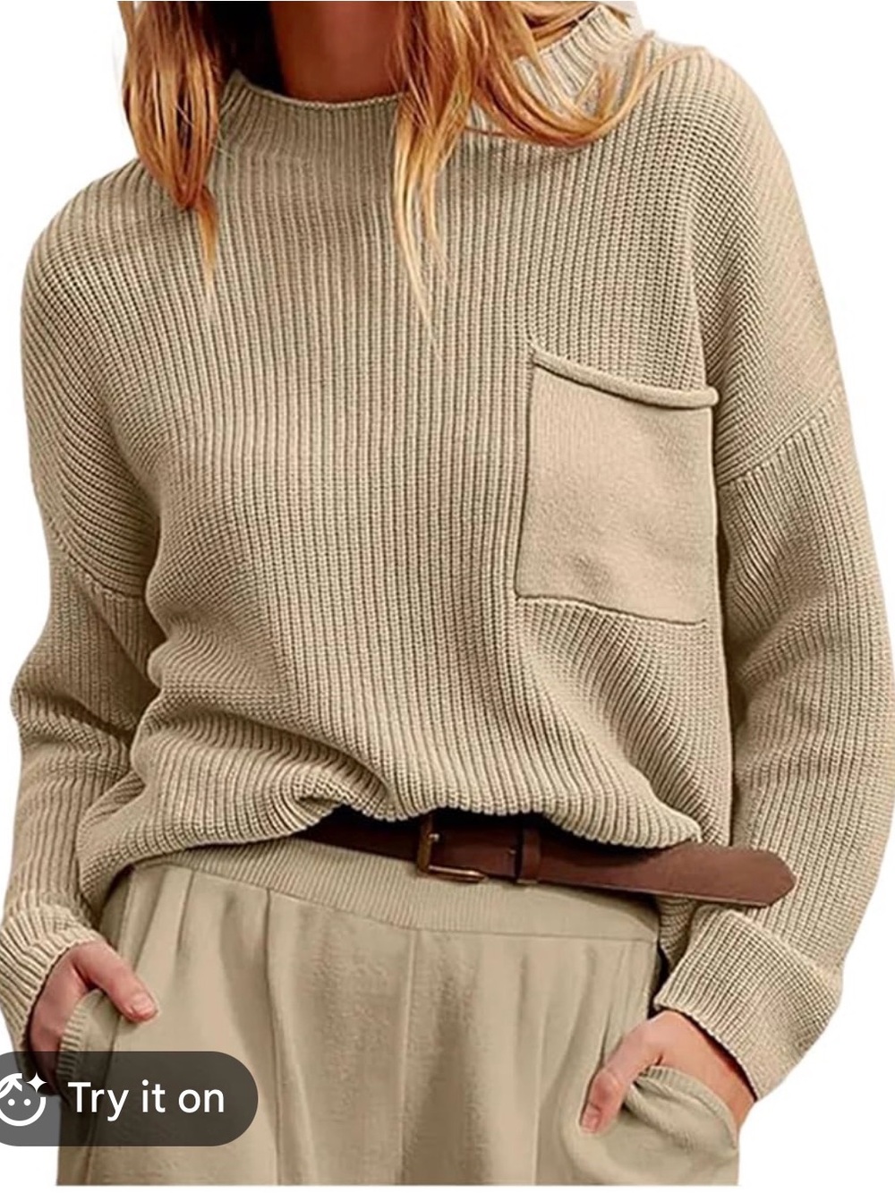 Antares’s Everyday Ribbed Crewneck Sweater with Patch Pocket - Beige